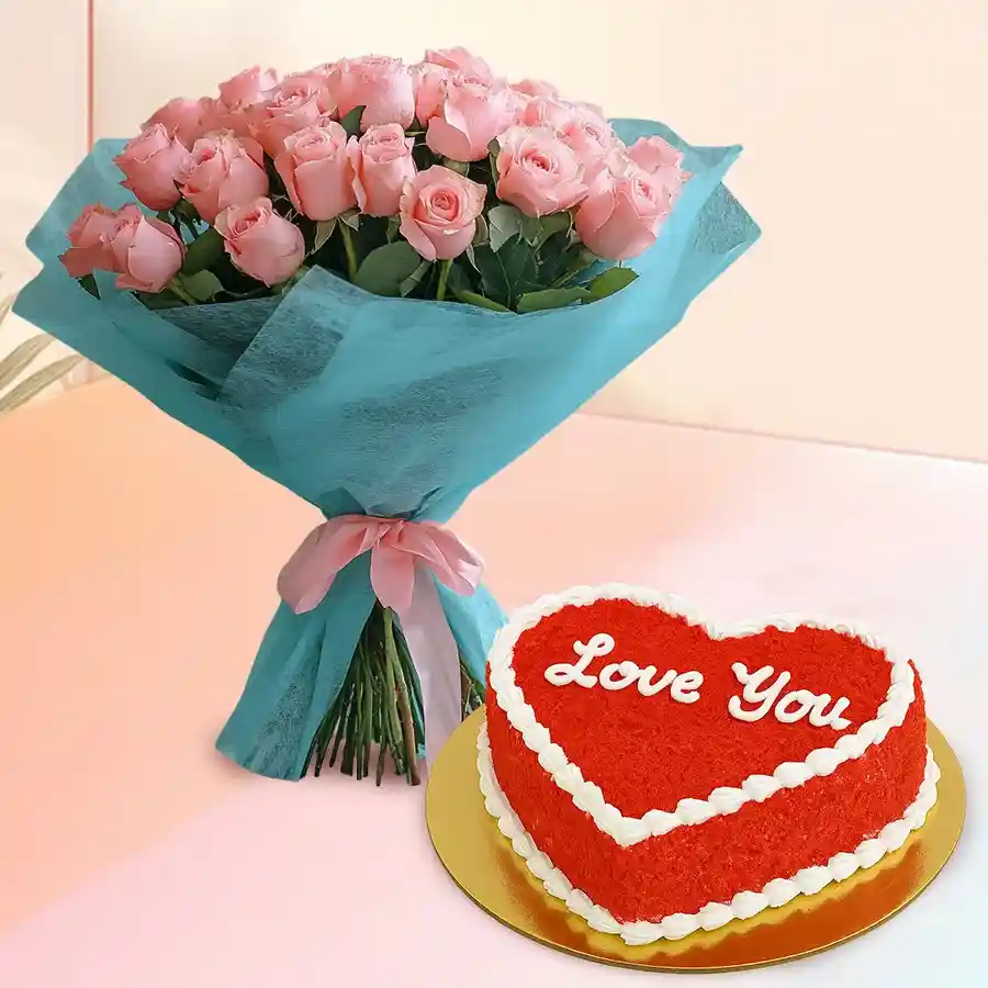 Elegant bunch of 24 pink roses and a heart-shaped red velvet cake combo for special occasions.