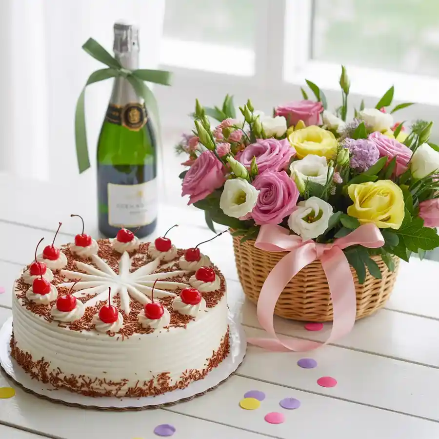 A beautiful combination of assorted roses, butter scotch cake, and sparkling juice in a basket, perfect for gifting.