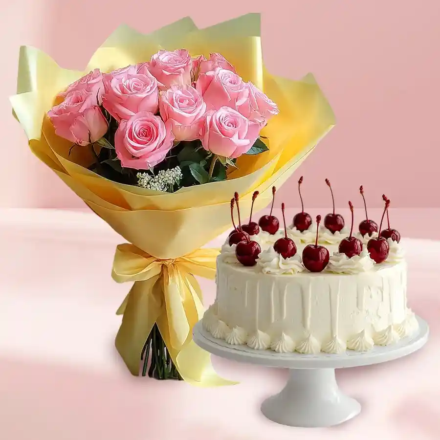 A serene combo of 12 white roses in a bouquet and a round white forest cake, perfect for gifting.