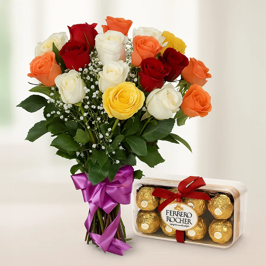 A beautiful gift combo featuring 24 mixed roses and 16 Ferrero Rocher chocolates, ideal for special occasions.