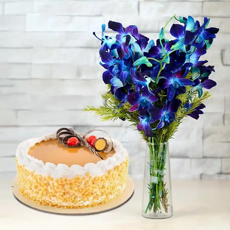 Exclusive combo featuring blue orchids in a vase and a butterscotch cake.