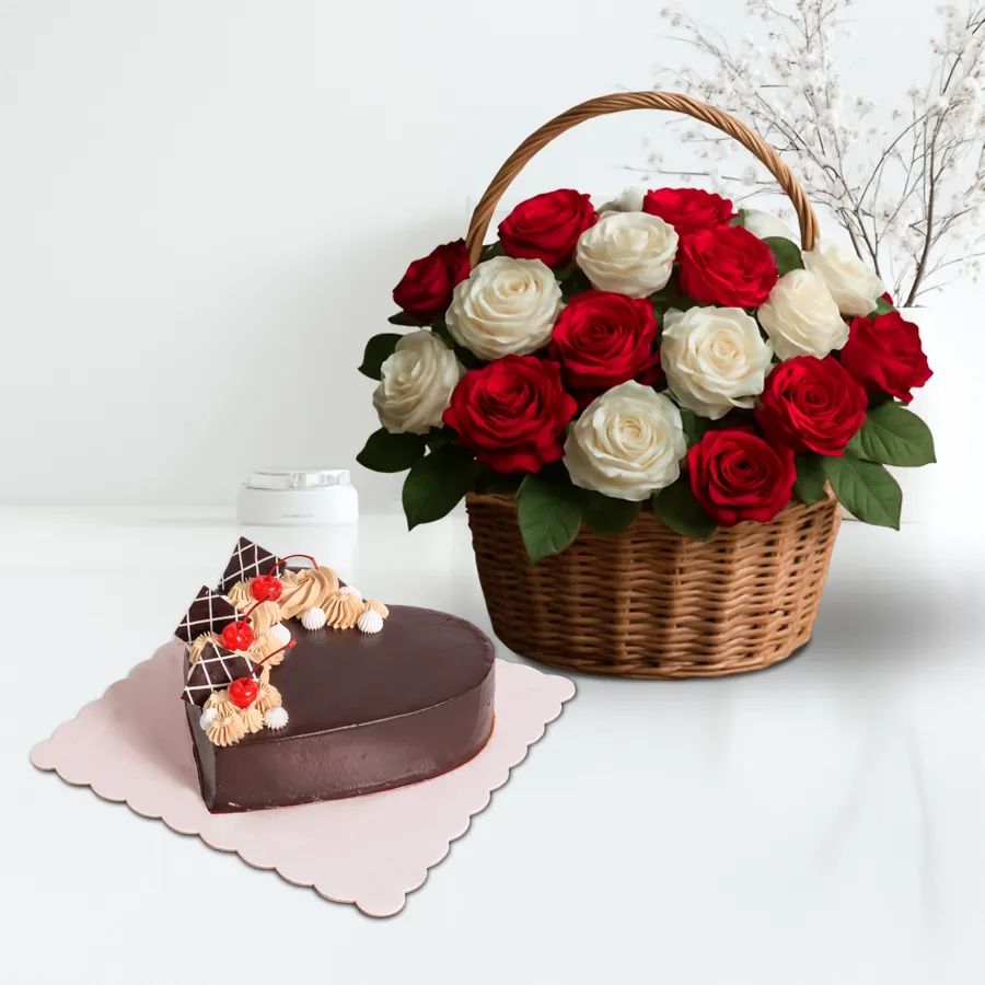 Heart-shaped chocolate cake with "Love U" topping and 12 red roses in a vase.