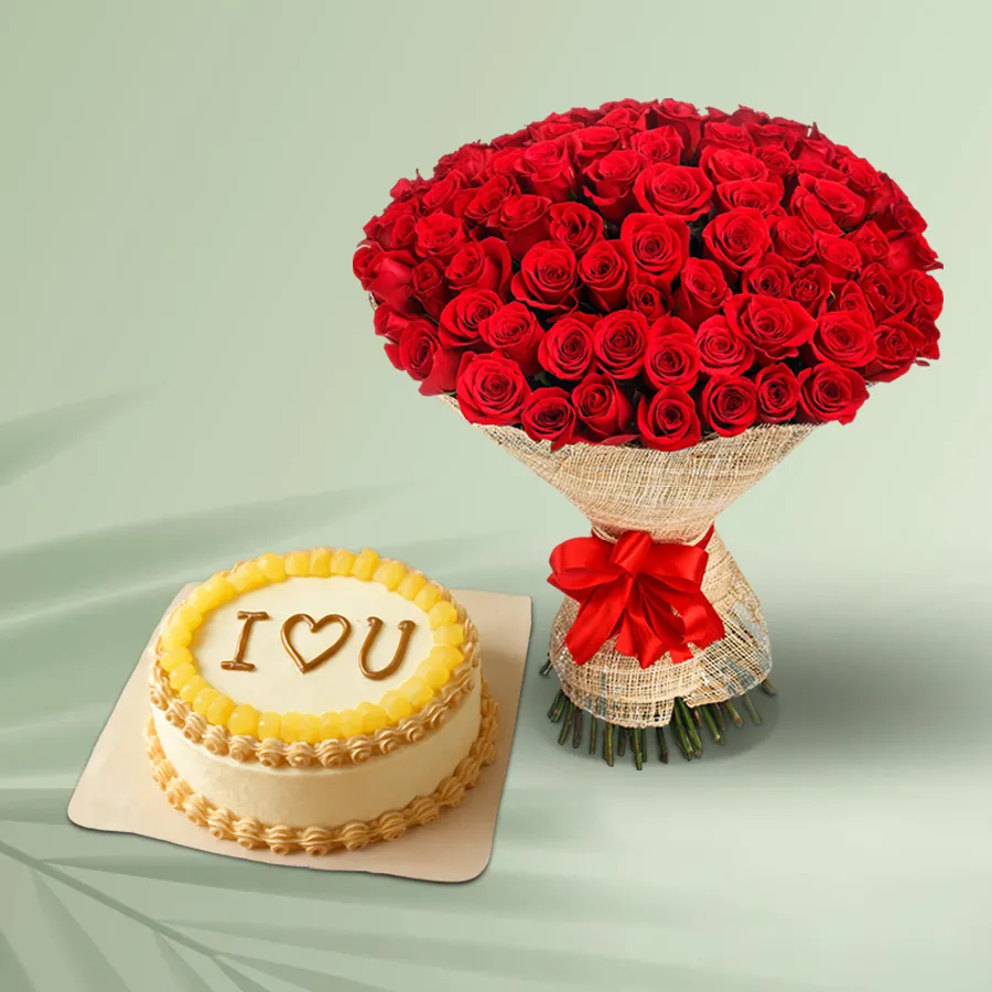 48 red roses bouquet with a round pineapple cake topped with "Love U."