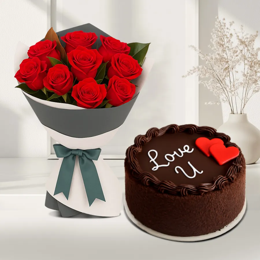 Romantic chocolate cake with 36 red roses bouquet, perfect for special occasions.