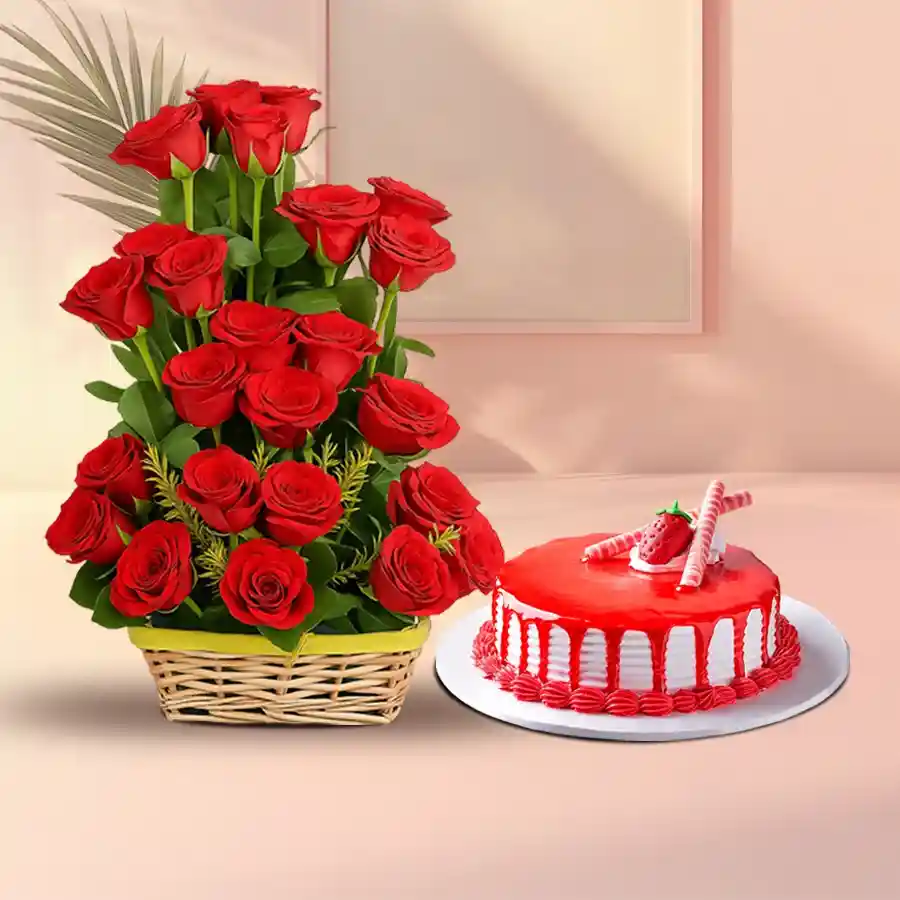 A tall basket of 50 red roses alongside a round strawberry cake topped with "I Love You."