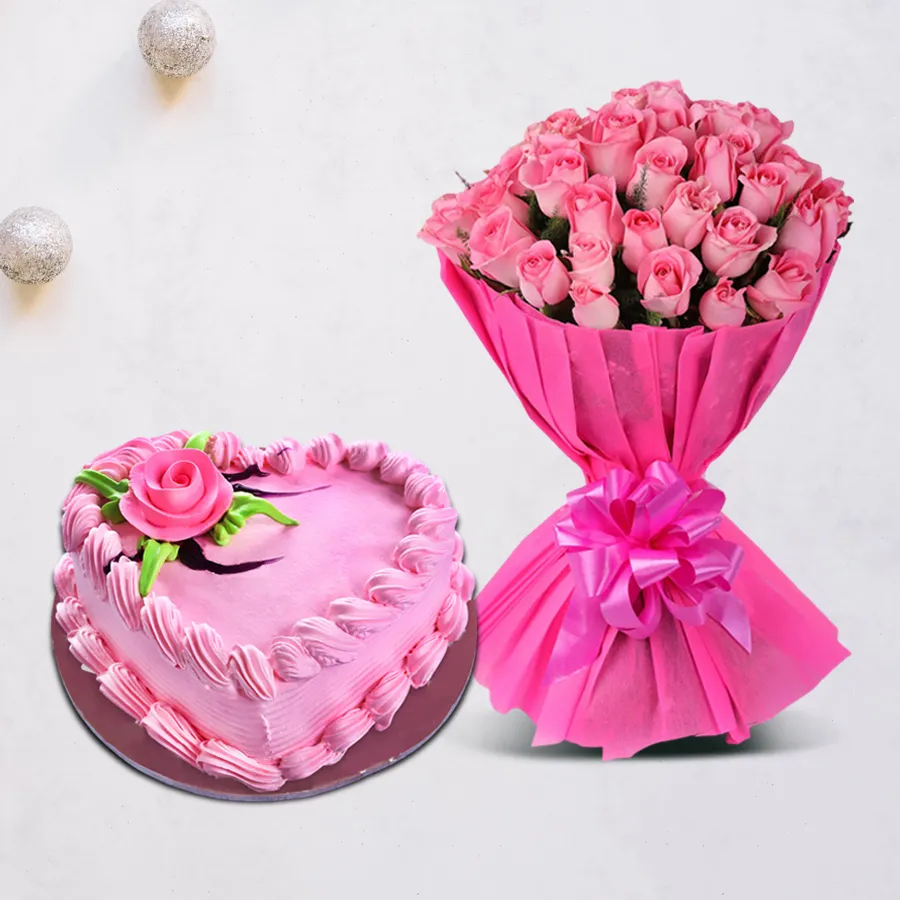 Bouquet of 24 pink roses accompanied by a round strawberry cake in a delightful gift combo.