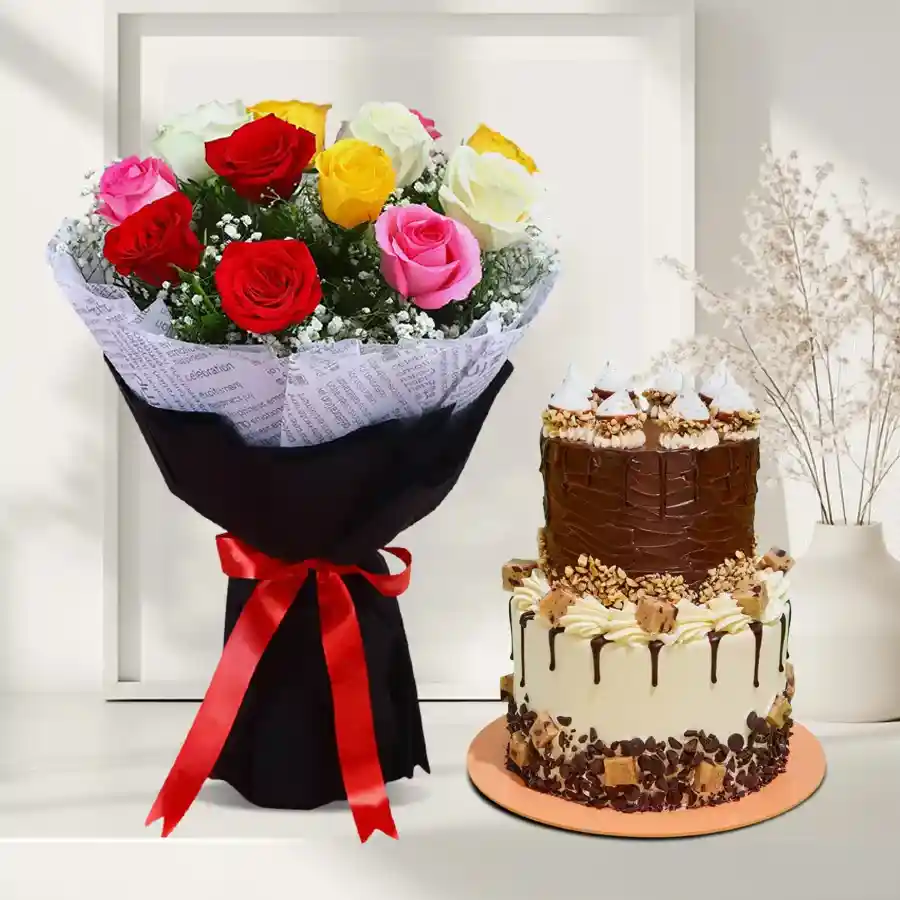A vibrant bunch of 18 mixed roses paired with a two-tier chocolate cake, perfect for celebrations.