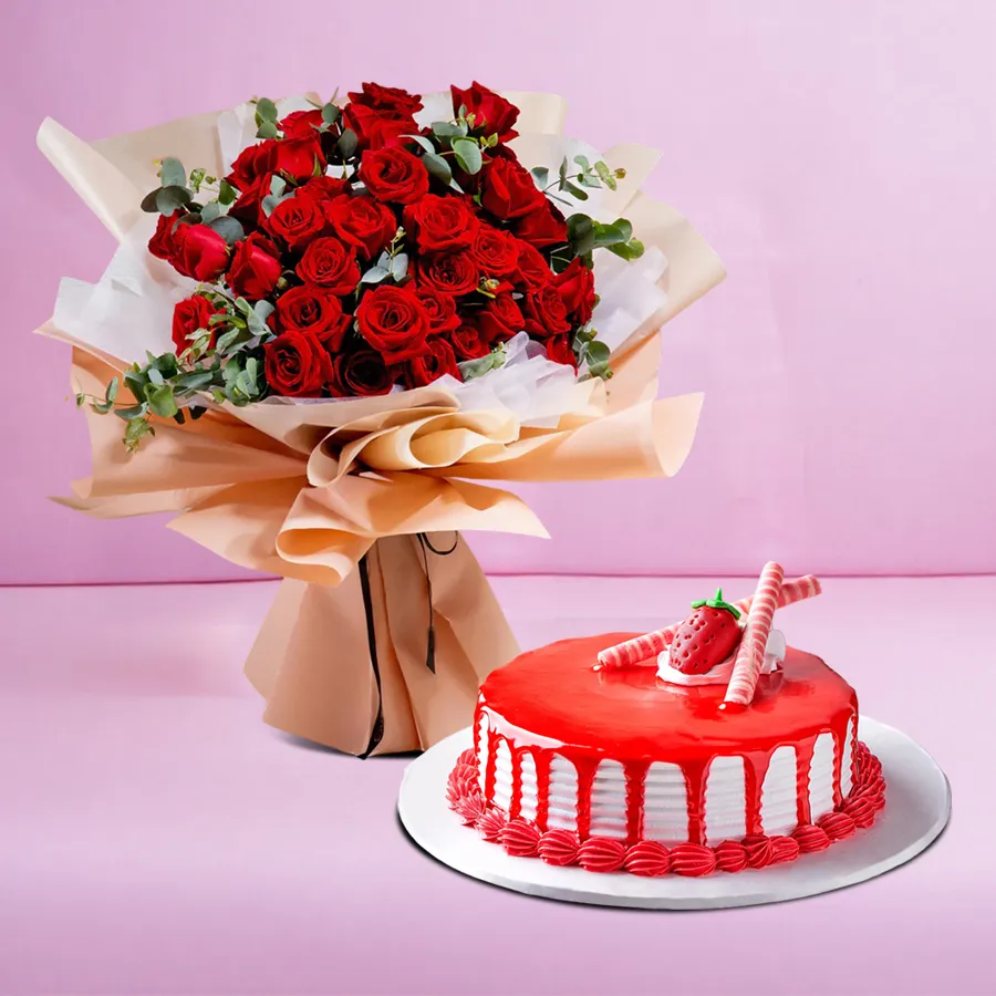 A romantic gift of 100 red roses and a heart-shaped strawberry cake.