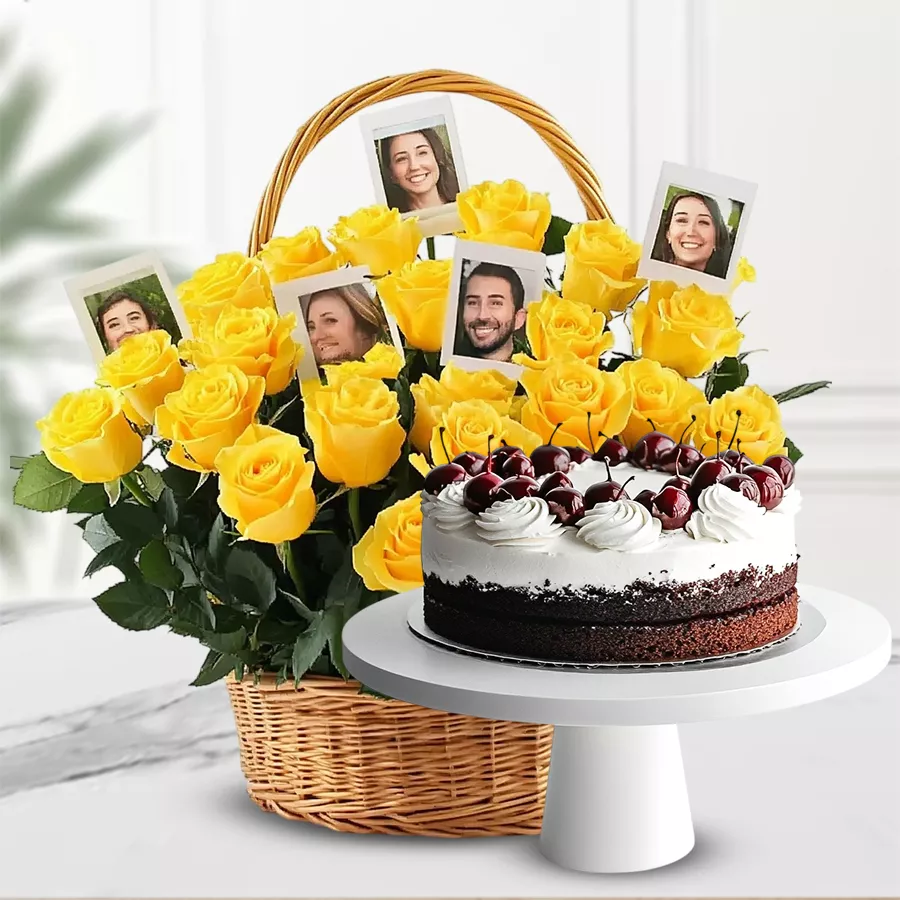 A vibrant basket with 25 yellow roses, personalized photos, and a Black Forest cake, perfect for gifting and celebrating special moments.