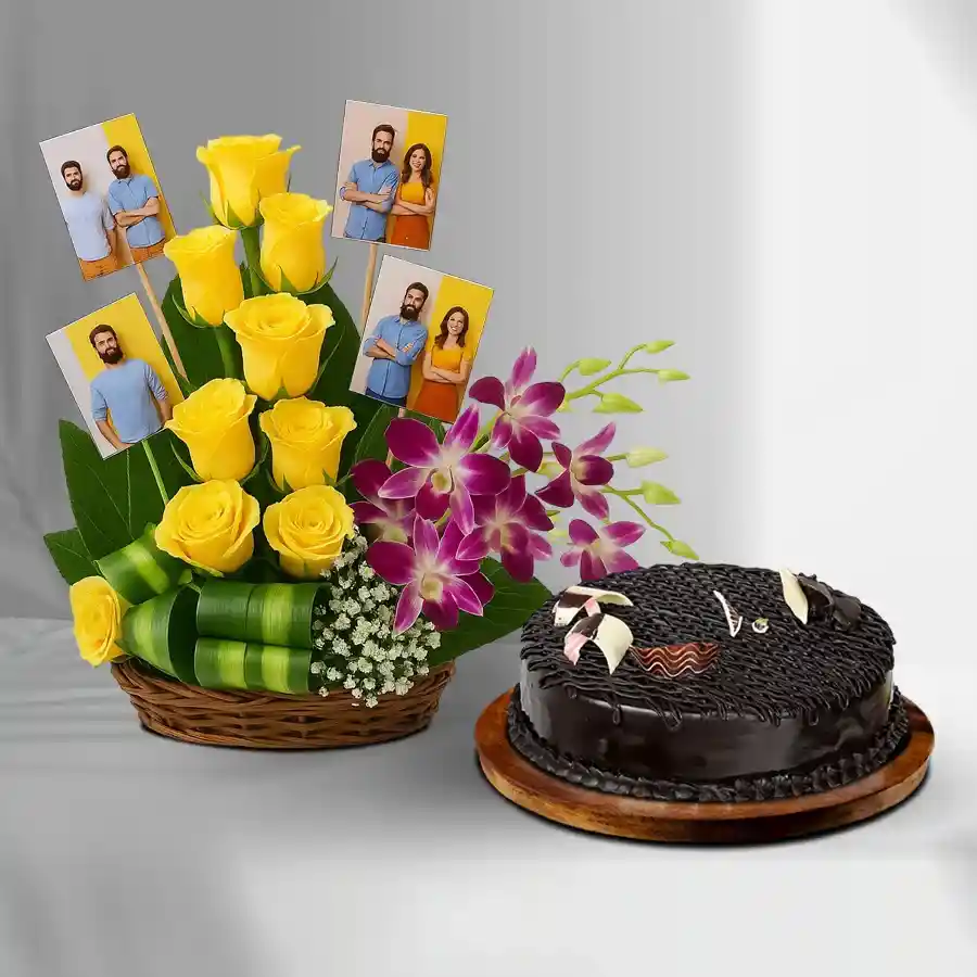 Heartfelt Floral Memory Basket with yellow roses, purple orchids, personalized photos, and a truffle cake.