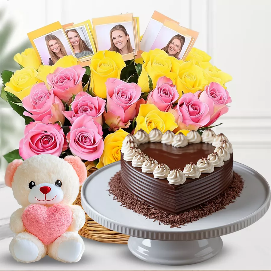 Heartfelt gift basket with roses, personalized photos, a chocolate cake, and a teddy bear.