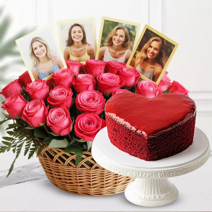 Heart-shaped red velvet cake with 15 red roses and personalized photos in a decorative basket.