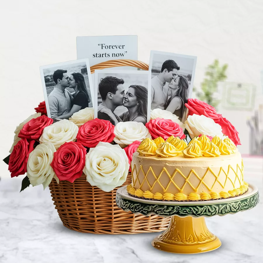 Elegant arrangement of mixed roses with personalized photos and pineapple cake in a basket.