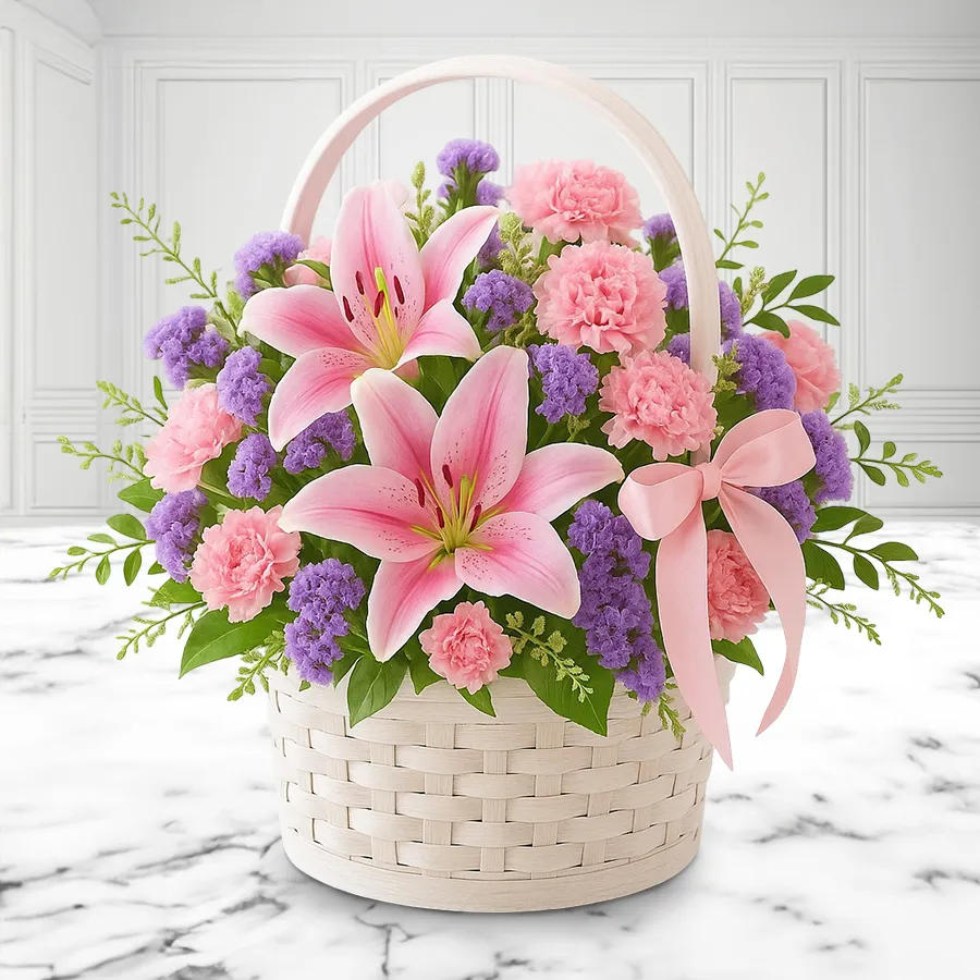 A beautiful basket filled with 4 Asiatic pink lilies and 8 pink carnations, showcasing a vibrant floral arrangement.
