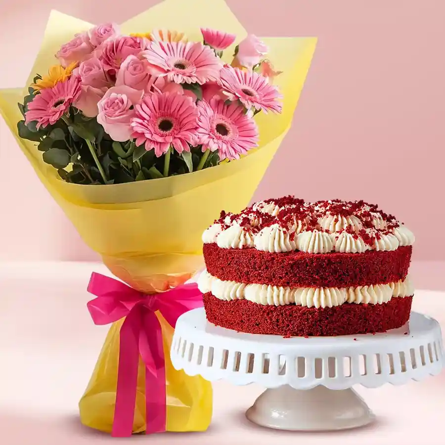 Bouquet of pink roses and gerberas with a 1kg Red Velvet Cake.