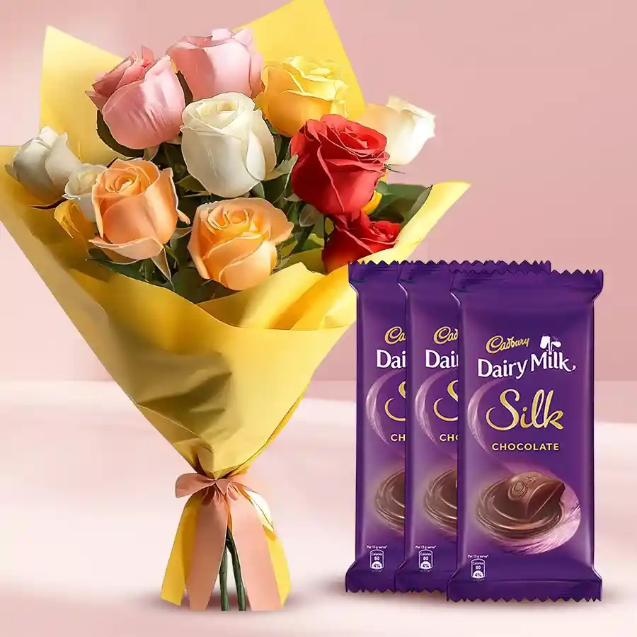 Alluring Mixed Roses Bouquet with Cadbury Silk Chocolates