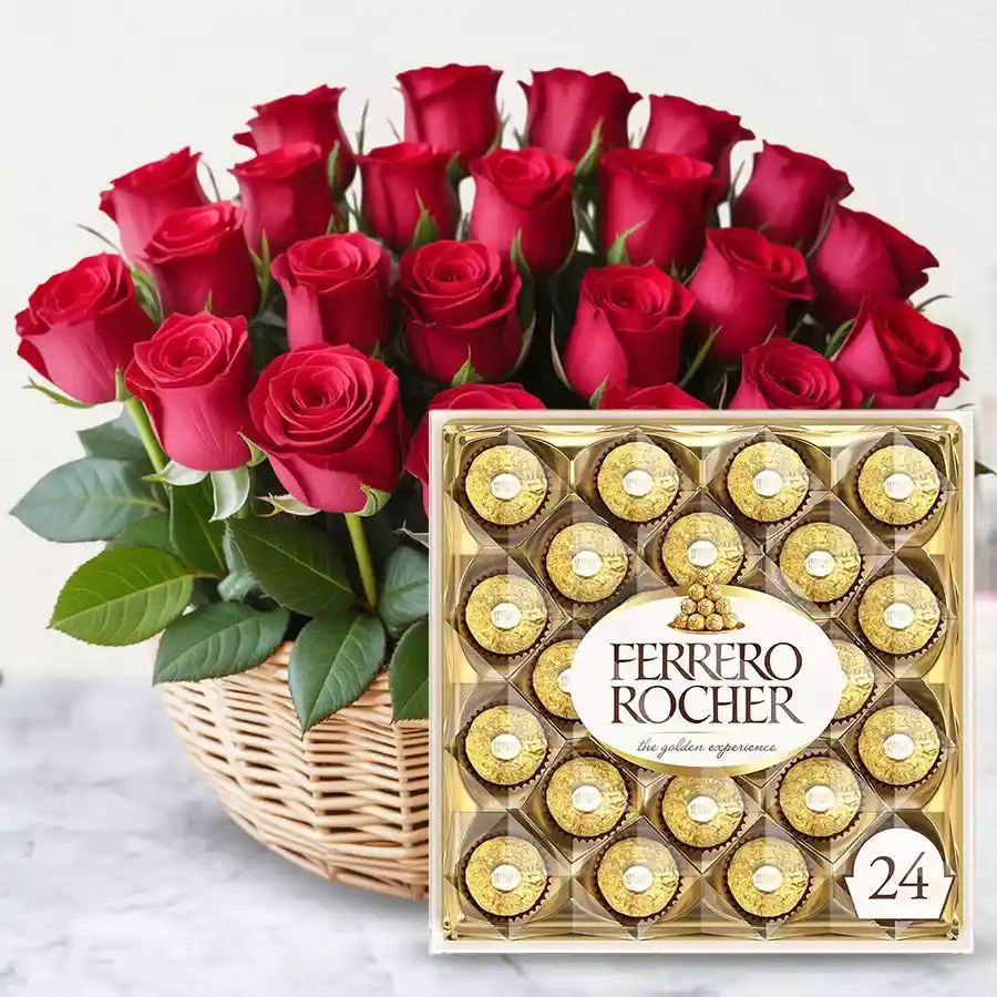 A beautiful basket filled with 25 red roses and a box of 24 Ferrero Rocher chocolates, symbolizing love and sweetness.