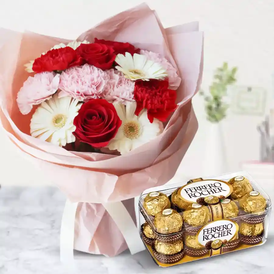 A beautifully arranged mixed flowers bouquet with Ferrero Rocher chocolates, ideal for celebrations and heartfelt gifts.
