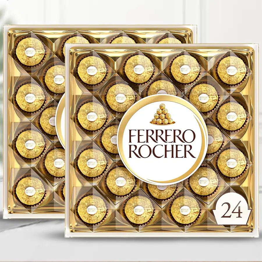 Two boxes of 24 Ferrero Rocher chocolates, perfect for gifting.