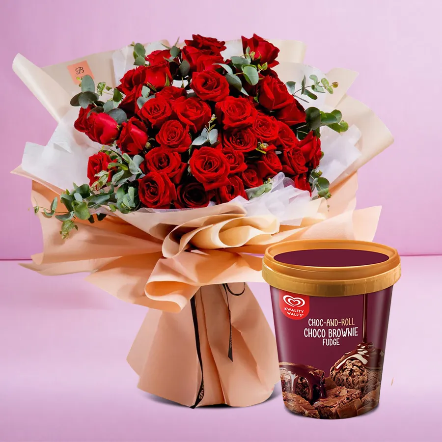A bouquet of red roses accompanied by a tub of Kwality Walls Choc-n-Roll Choco Brownie Fudge Ice Cream.