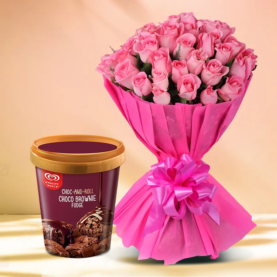 Tasty Kwality Walls Choco Brownie Fudge Ice Cream with a bouquet of 24 pink roses.