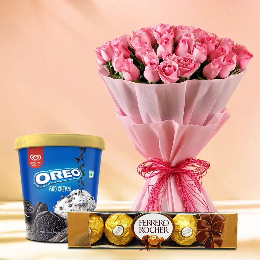 A charming gift combo featuring pink roses, Oreo ice cream, and Ferrero Rocher chocolates, perfect for sweet celebrations.