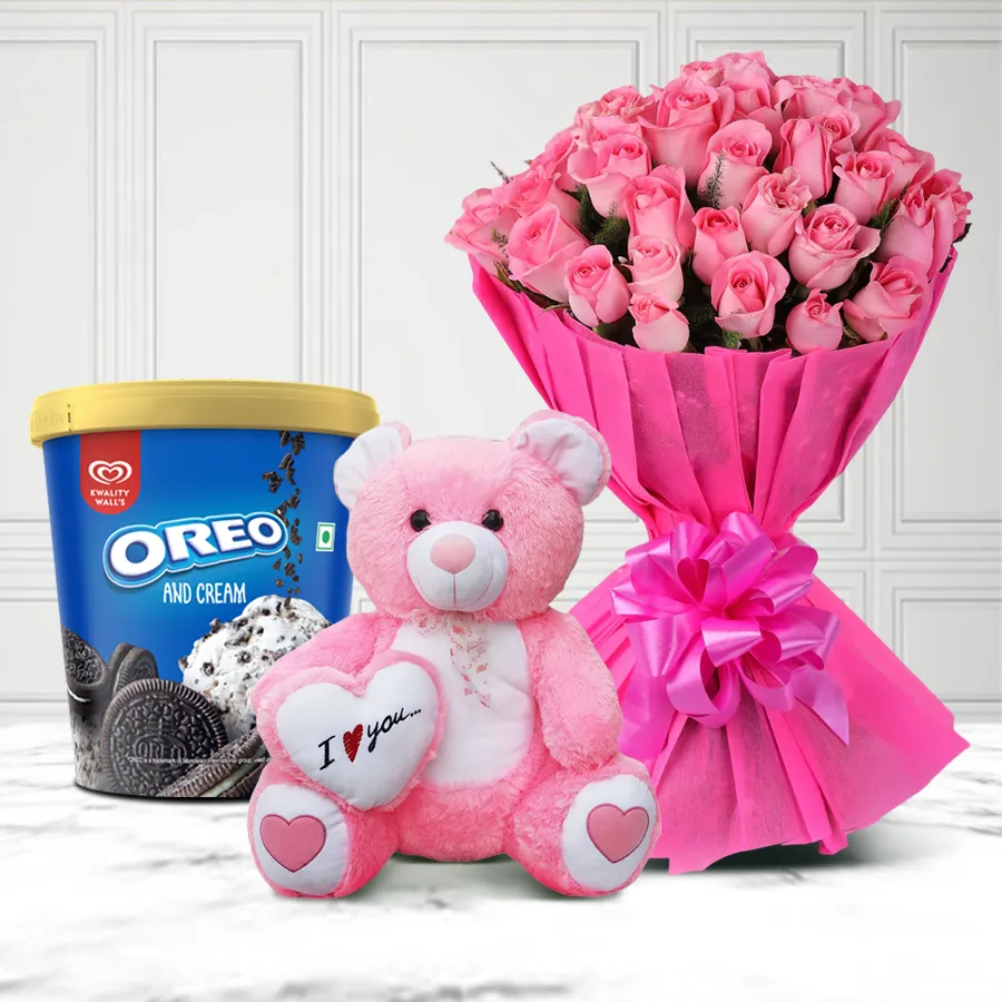 A charming combo of 30 pink roses, Oreo ice cream tub, and a 6-inch love teddy.