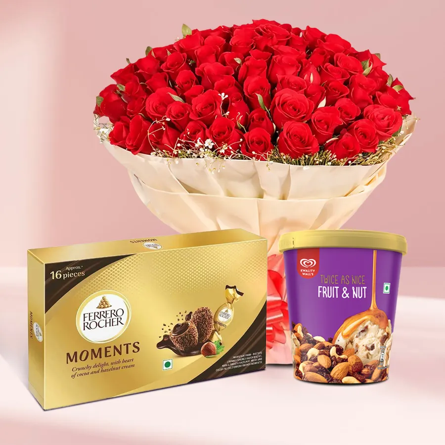 A romantic gift combo featuring 12 red roses, ice cream tub, and Ferrero Rocher chocolates.