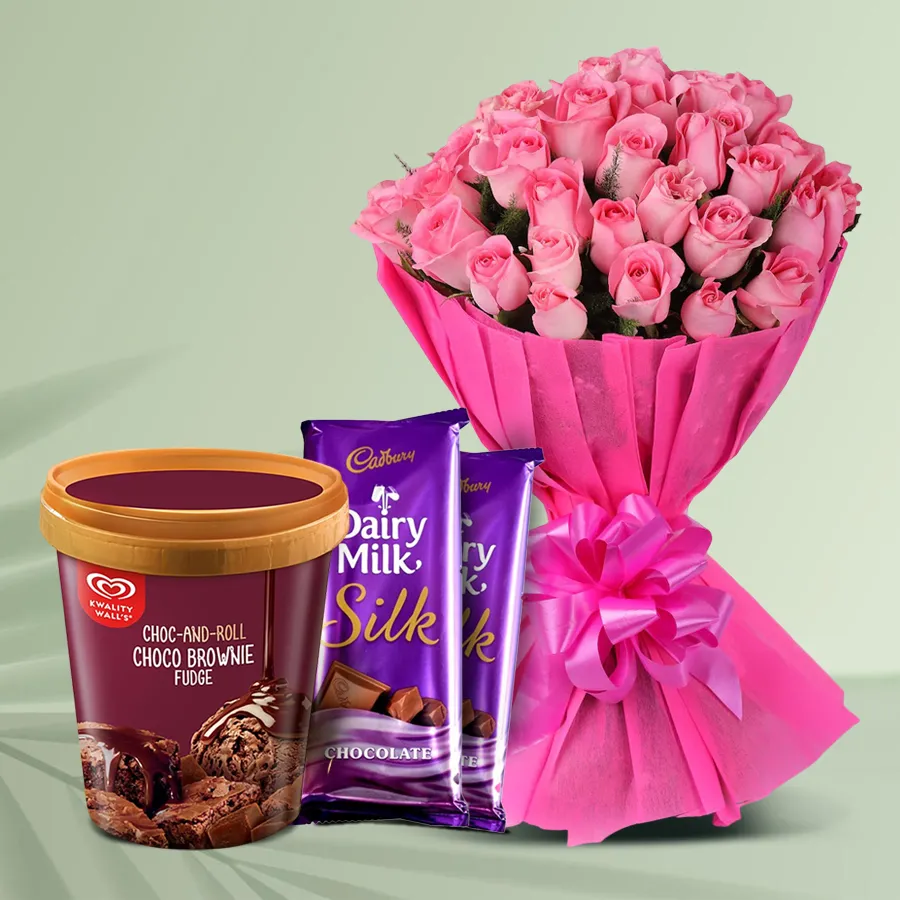 Gift combo featuring pink roses, chocolate brownie fudge ice cream, and Cadbury Dairy Milk Silk chocolates.