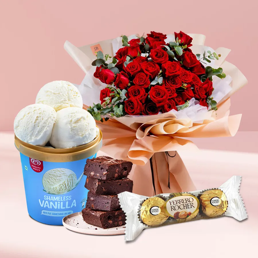 A gift combo featuring 8 red roses, vanilla ice cream, brownies, and Ferrero Rocher chocolates.