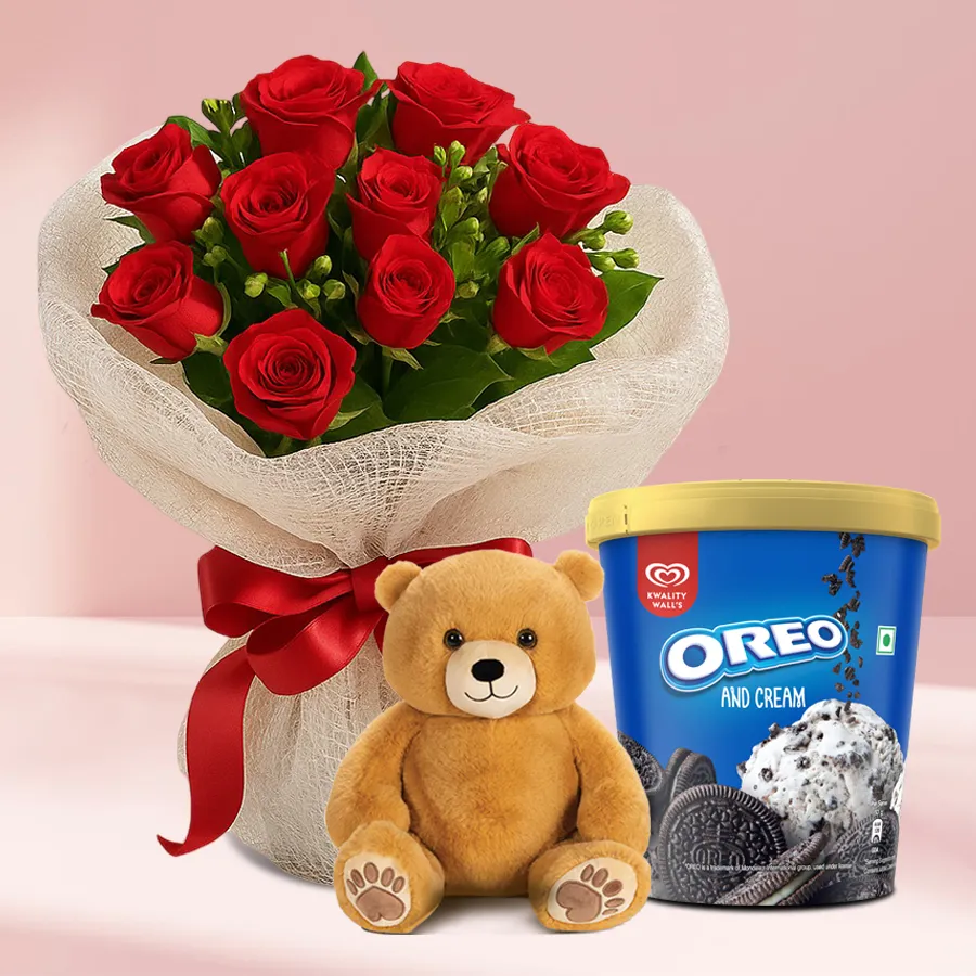Radiant Romance Gift Set, featuring 24 red roses, a Love Teddy, and a tub of Kwality Walls Oreo N Cream Ice Cream.