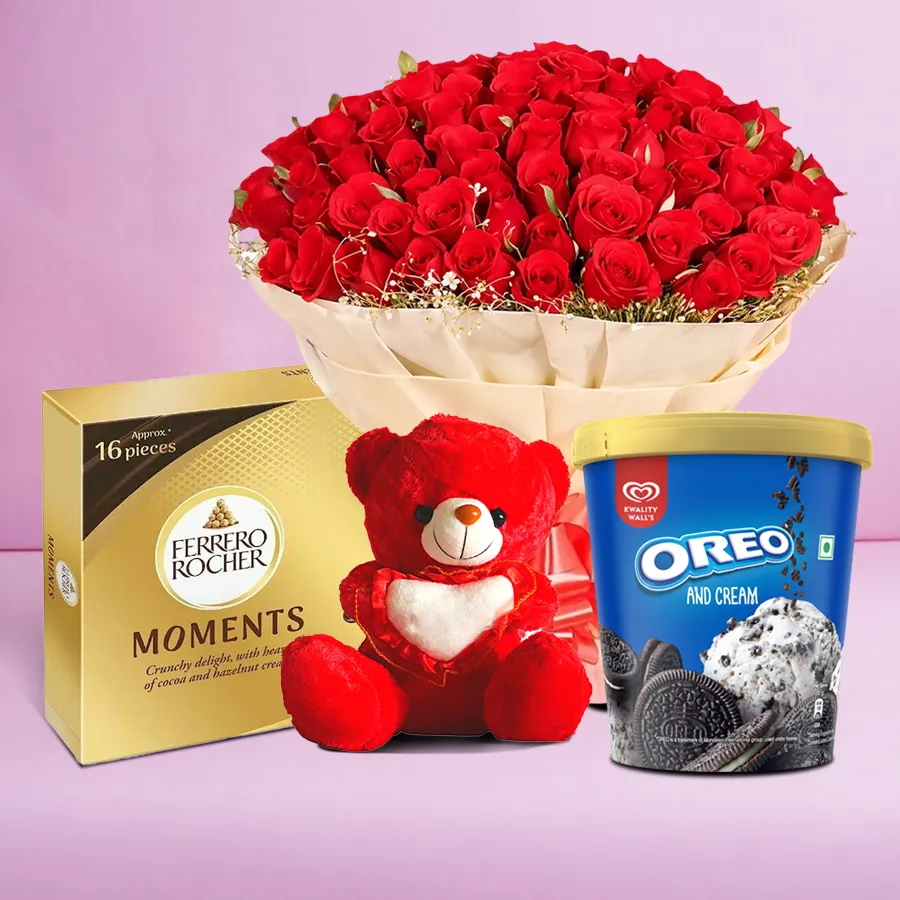 A vibrant gift combo featuring red roses, Oreo ice cream, Ferrero chocolates, and a cute teddy bear, perfect for any occasion.