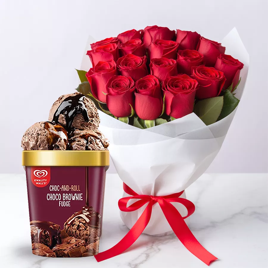 A bouquet of 10 red roses alongside Choco Brownie Fudge Ice Cream from Kwality Walls, symbolizing love and appreciation for Mom.