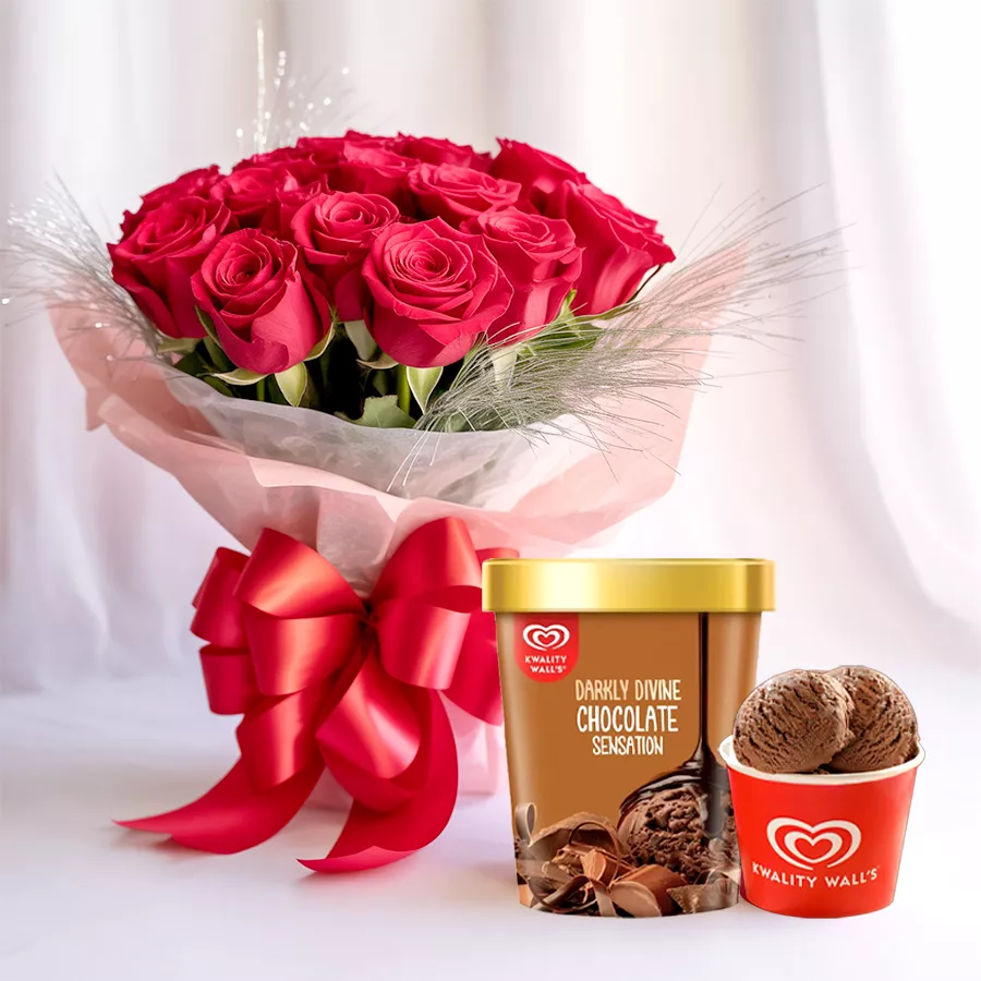 A bouquet of 15 fresh red roses alongside a 700g tub of Kwality Walls chocolate ice cream, perfect for Mother's Day gifting.