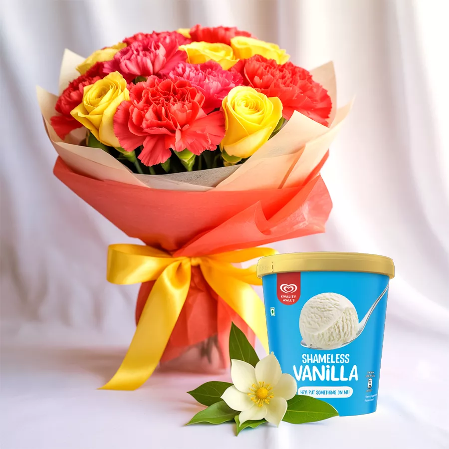 A vibrant bouquet of 36 mixed flowers alongside Kwality Walls vanilla ice cream, perfect for Mother's Day gifting.