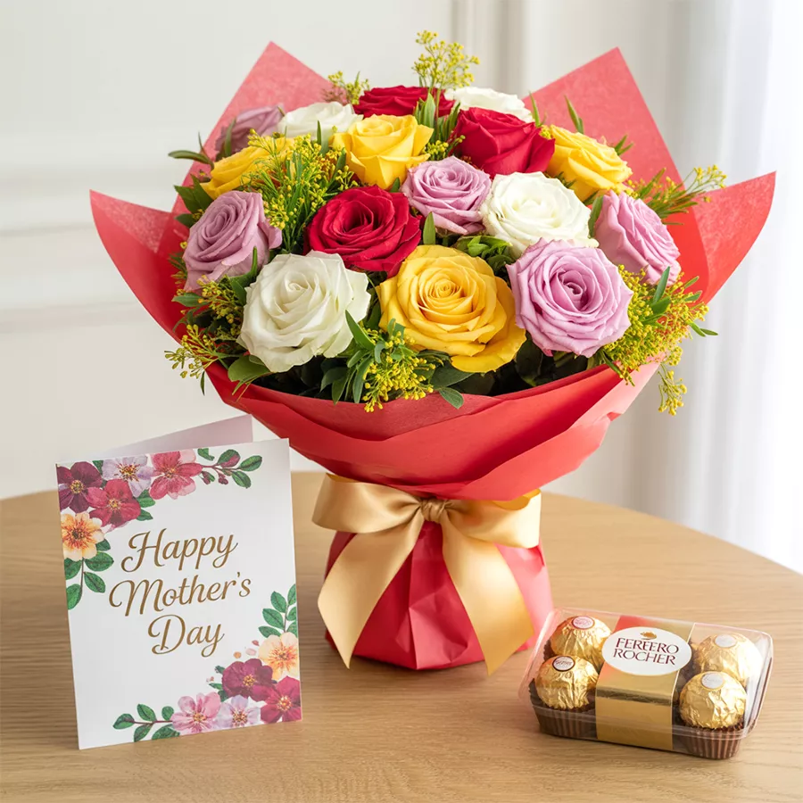 A vibrant bouquet of 12 mixed roses alongside a Ferrero Rocher chocolate box and a Mother's Day card.