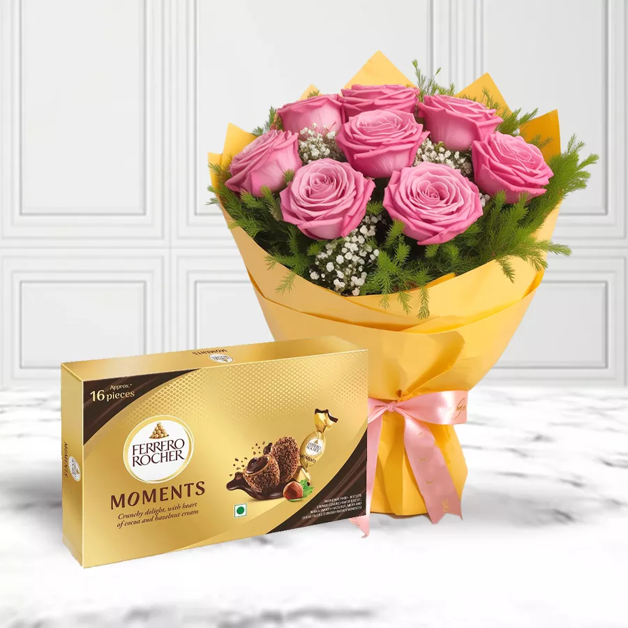 Elegant bouquet of 8 pink roses with Ferrero Rocher chocolates for Mother's Day.