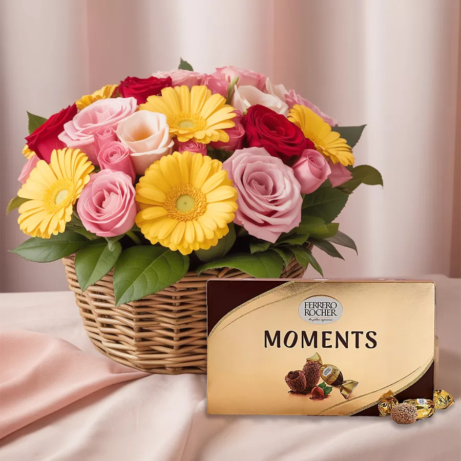 A beautiful basket containing 24 mixed flowers and Ferrero Rocher chocolates, perfect for celebrating Mother's Day.