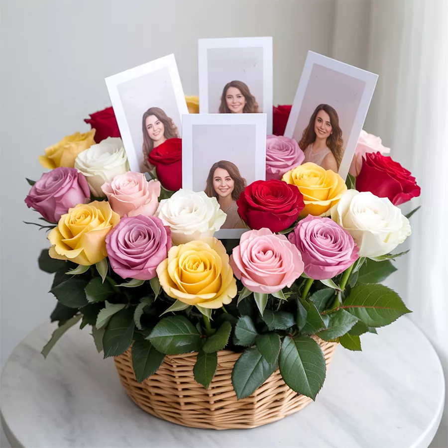 Heartfelt basket of 15 mixed roses featuring 4 personalized photos for Mother's Day.