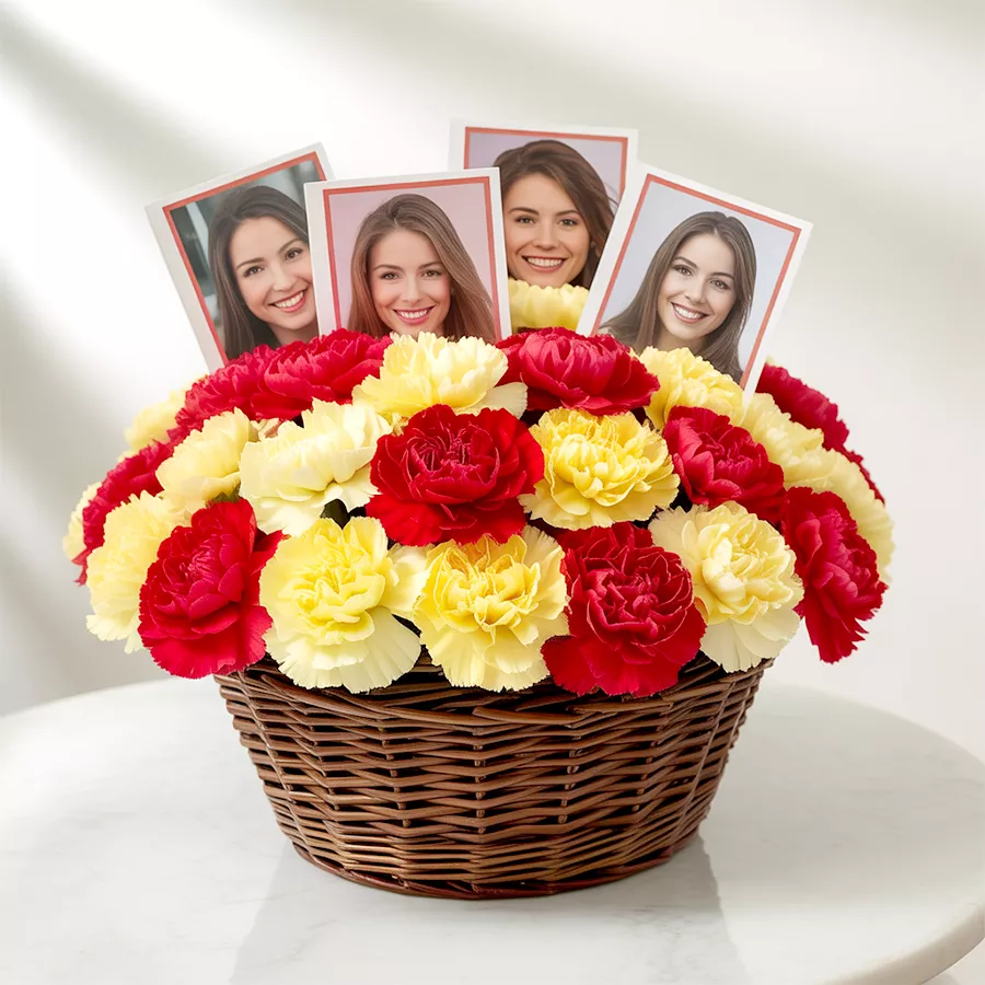 Vibrant red and yellow carnations with personalized photos in a decorative basket.