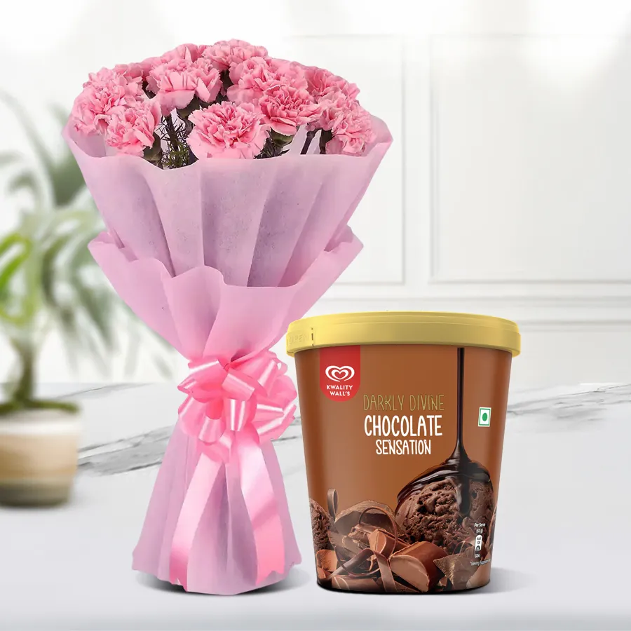 Beautiful pink carnation bouquet with Kwality Walls chocolate ice cream, ideal for expressing affection.