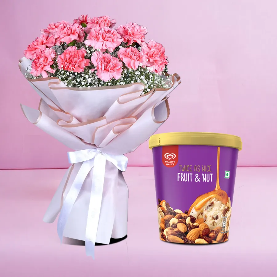 Dazzling Pink Carnation Bouquet with Kwality Walls Fruit n Nut Ice Cream.