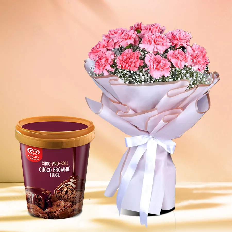 A bouquet of pink carnations paired with Kwality Walls Choco Brownie Fudge Ice Cream.