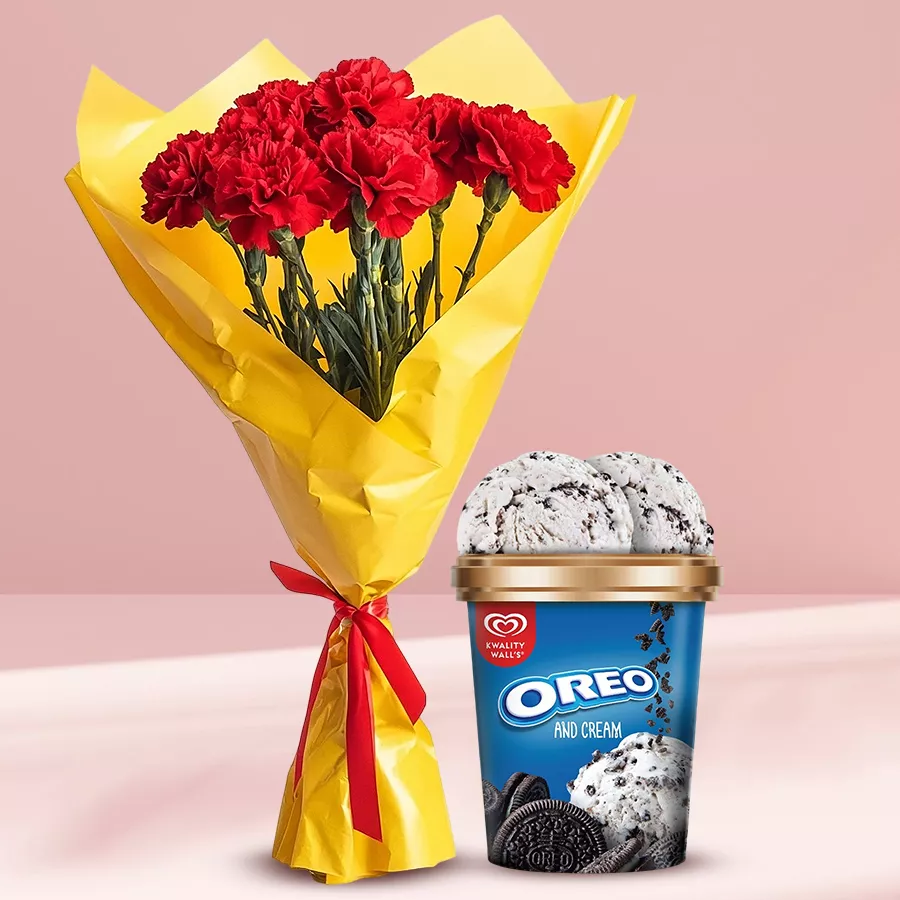Bouquet of eight red carnations with Kwality Walls Oreo ice cream.