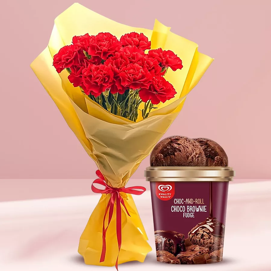 A beautiful bouquet of 15 red carnations paired with a tub of Kwality Walls Choco Brownie Fudge Ice Cream.