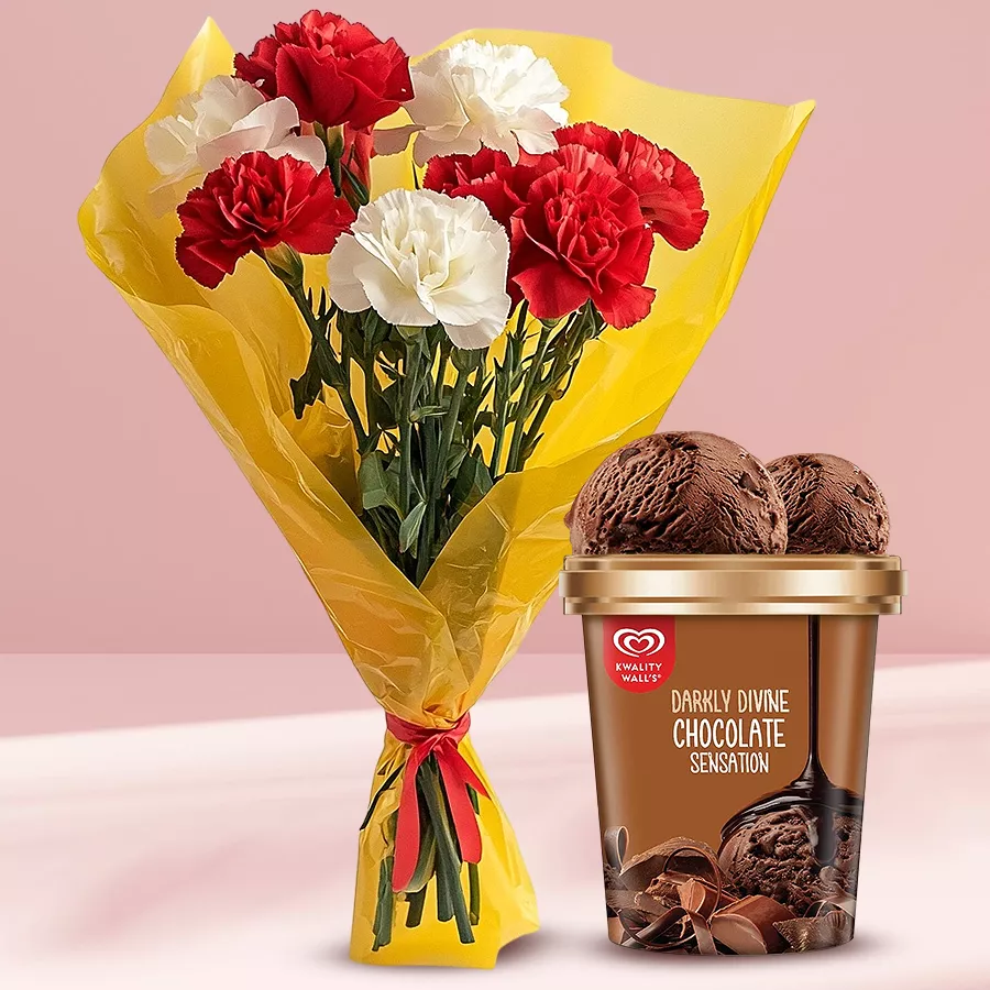 A vibrant bouquet of 8 mixed color carnations paired with 700g of Kwality Walls chocolate ice cream.