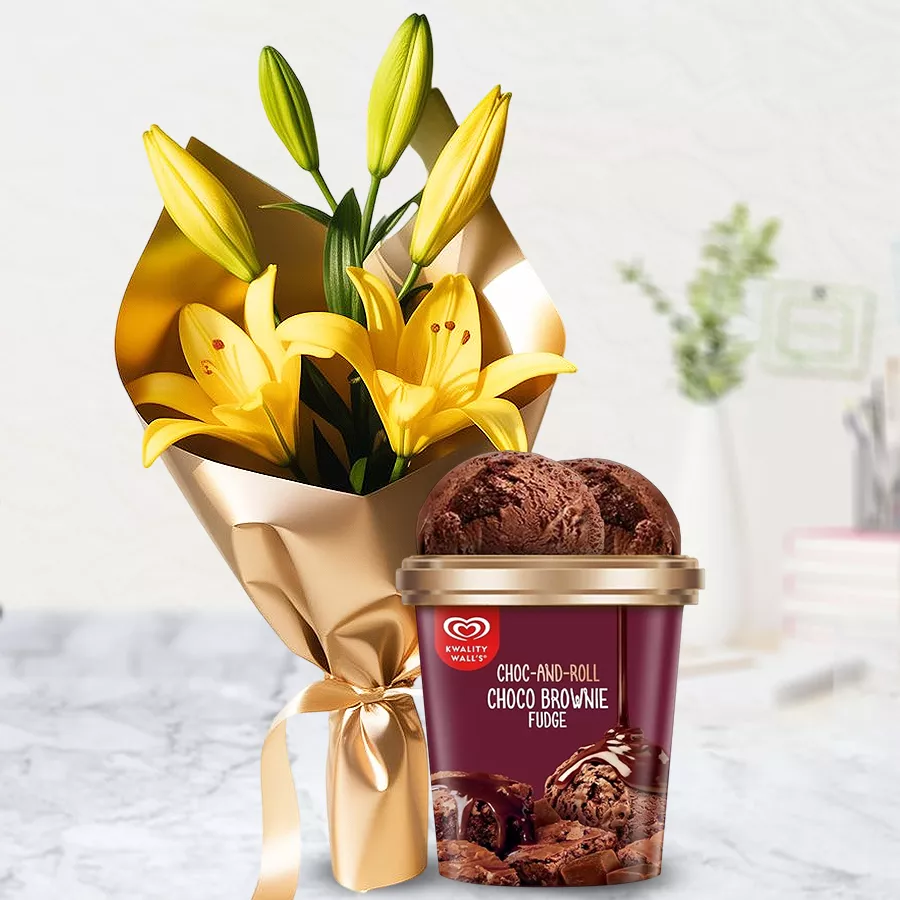 Graceful yellow lily bouquet with Kwality Walls Choco Brownie Fudge Ice Cream gift set.
