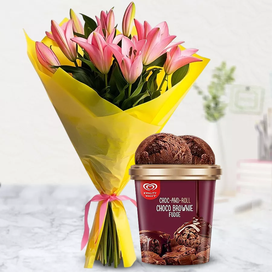 Blossoming Pink Lily Bouquet with Choco Brownie Fudge Ice Cream from Kwality Walls.
