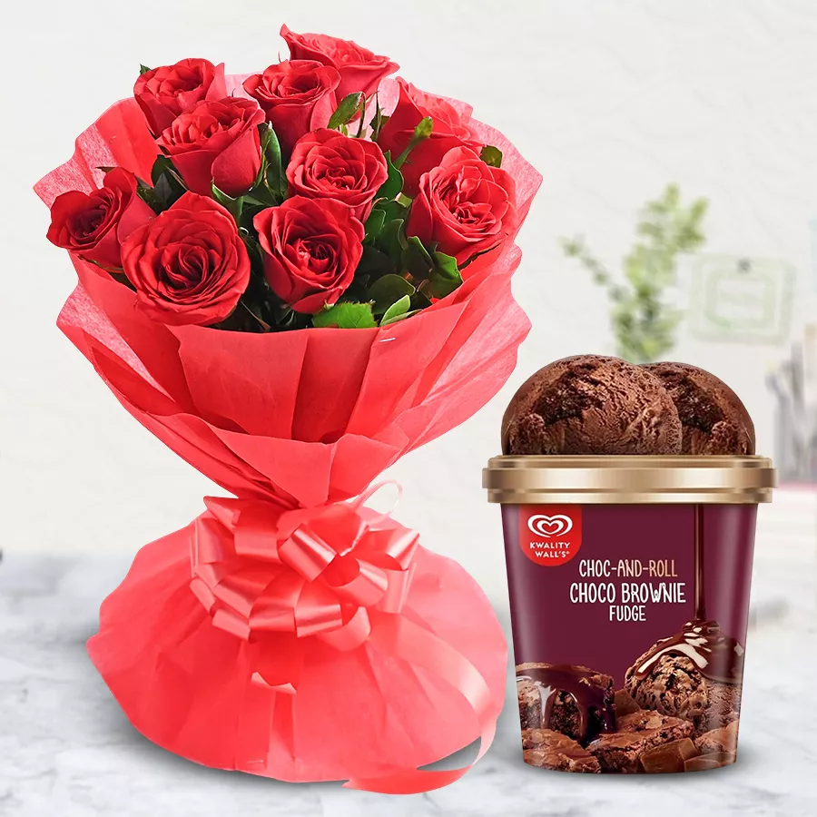 A bouquet of ten red roses paired with a 700g tub of Kwality Walls Choco Brownie Fudge Ice Cream.