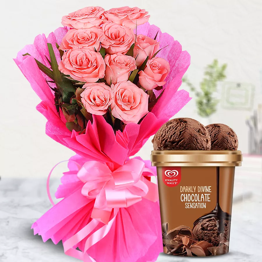 A beautiful bouquet of 10 pink roses with a 700g chocolate ice cream from Kwality Walls, perfect for expressing love and affection.